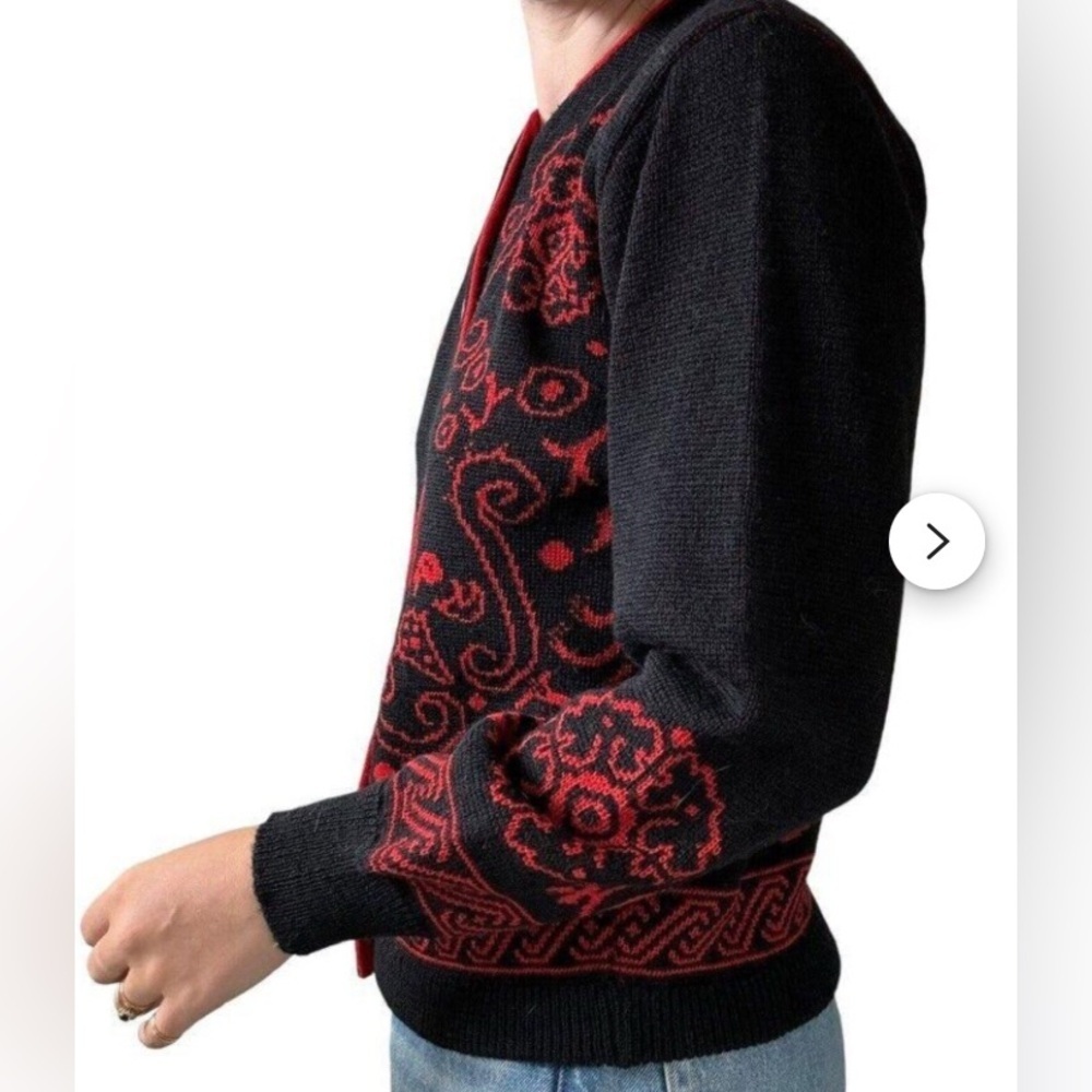 Vintage 70s Pendleton Nordic Red and Black 100% Pure Virgin Wool Cardigan Medium - Picture 13 of 14